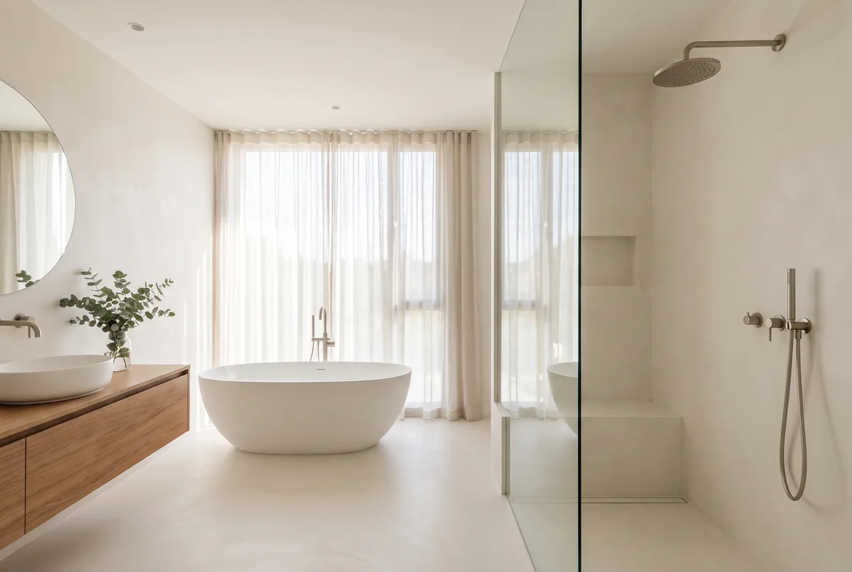Helle fugenlose Dusche mit Glasabtrennung und nahtloser Wand- und Bodenfläche